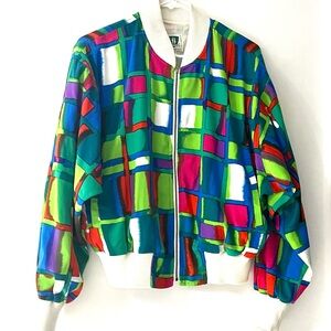 Hanasport Vintage 80's Colorblock  Abstract Geometric Windbreaker Zip Jacket